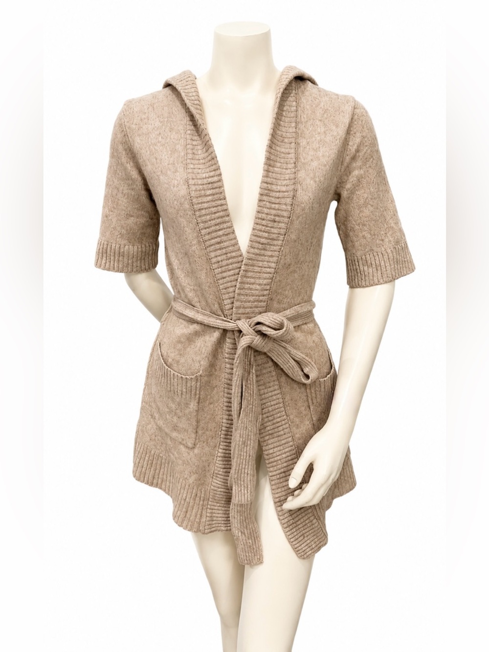 Banana Republic Lambswool Cashmere Belted Hooded Cardigan Sweater M Beige - Picture 2 of 7